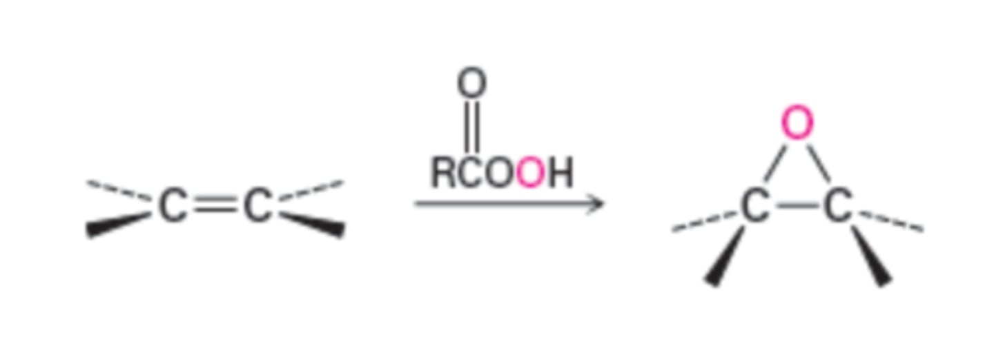 <p>with a peroxyacid; Syn addition occurs</p>