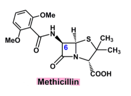 <ul><li><p>synthetic penicillin </p></li><li><p><u>pharmacophore:</u> <strong> dimethoxybenzene</strong></p><ul><li><p><strong>IM/IV </strong></p></li></ul></li><li><p>greater antibacterial spectrum versus cloxacillin </p></li><li><p>greater degree of stability towards lactamases </p><ul><li><p>from the additional functional groups = steric bulk </p></li></ul><p></p></li></ul>