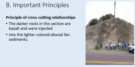 <p><span>-Disturbed rocks or strata (a distinct layer of rock or sediment visually separable from adjacent layers) are older than those rocks that disturb them or cut through them.</span><br></p><p><span>-For example, magma can be forced or intruded into preexisting rocks from their sources below. After these intrusions cool, they form igneous rock that cuts across the other rock. Obviously the intrusive igneous rock is younger than the rock into which it cuts. Faults also cut through rocks and those rocks are older than the fault that cuts through them. The age of faults can often be determined by establishing the age of unfaulted strata overlying faulted strata because the unfaulted strata was deposited after the faulted rocks it buried</span></p>