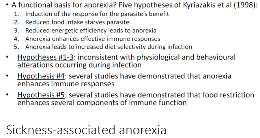 <p><strong>Functional Basis</strong><br>āAnorexia during sickness may serve adaptive purposes related to <strong>infection and immune function</strong></p><p><strong>Five Hypotheses (Kyriazakis et al., 1998)</strong><br>ā1. Induction of the response for the parasiteās benefit<br>āā- Parasite causes anorexia to help itself<br>ā2. Reduced food intake starves parasite<br>āā- Host eats less ā parasite gets less nutrition<br>ā3. Reduced energetic efficiency leads to anorexia<br>āā- Infection reduces energy efficiency ā host naturally eats less<br>ā4. Anorexia enhances effective immune responses<br>āā- Eating less helps immune system fight infection<br>ā5. Anorexia leads to increased diet selectivity during infection<br>āā- Host chooses more beneficial nutrients when intake is reduced</p><p><strong>Issues / Evidence</strong><br>āHypotheses #1ā3: inconsistent with observed physiological and behavioural changes during infection<br>āHypotheses #4ā5: supported by studies ā anorexia likely <strong>adaptive</strong></p><p><strong>Key Concept</strong><br>āHypotheses #4 and #5 highlight that <strong>anorexia during sickness can improve immune effectiveness</strong></p>
