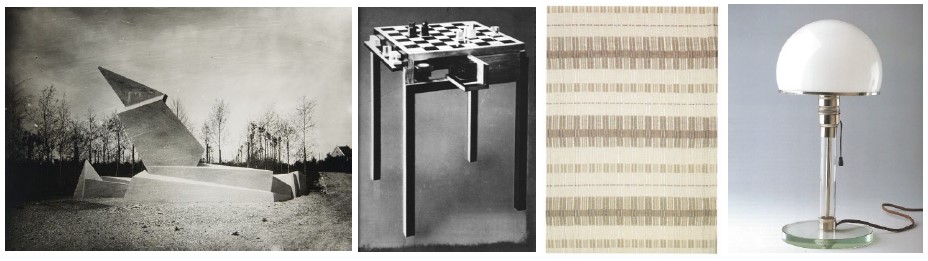 <p>Notable Bauhaus creations like Monument to the March Dead, Schach chess table, Gunta Stolzl's textiles, and Bayer's tishlampe.</p>