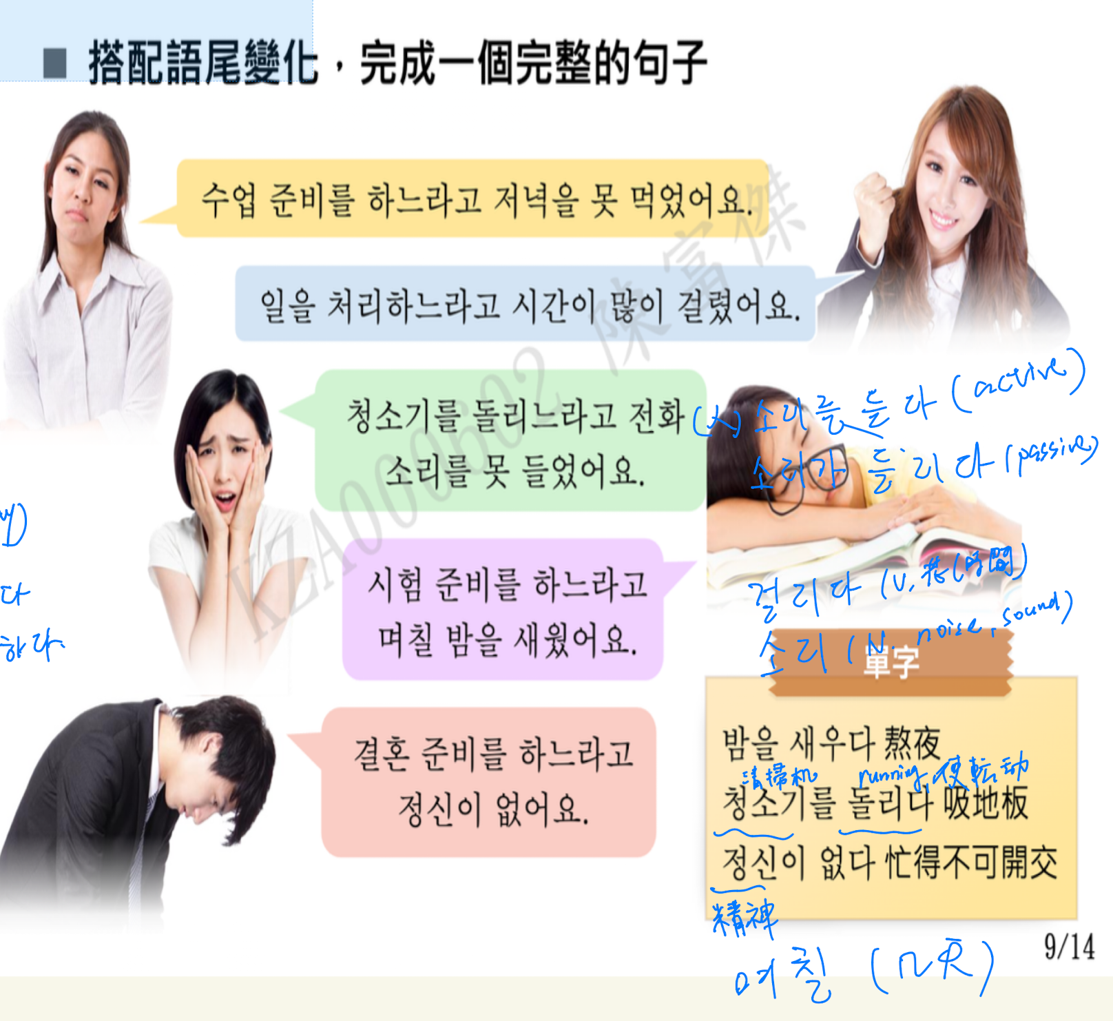 <p>表原因or目的，V為需要耗一段時間做的動作</p><p>後文多為因前面的V導致的negative consequences，或是推託之詞</p><ul><li><p>고 usually omitted orally</p></li></ul><p>ety</p><ul><li><p><strong>-느- (現在分詞/持續體詞尾)</strong>：</p><ul><li><p>是一個表示<strong>正在進行</strong>或<strong>持續</strong>的詞尾。它強調前面動詞描述的動作或狀態是<strong>持續發生</strong>的。</p></li></ul></li><li><p><strong>-라고 (引用詞尾)</strong>：</p><ul><li><p>這個 <strong>-라고</strong> 是間接引述中的動詞引用詞尾 <strong>-다</strong> + 助詞 <strong>-고</strong> 結合而來的。</p></li><li><p>在古代，當表示原因、理由時，常常使用<strong>間接引述</strong>的形式來表達**「因為說/因為做...」**。</p></li></ul></li></ul><p></p>