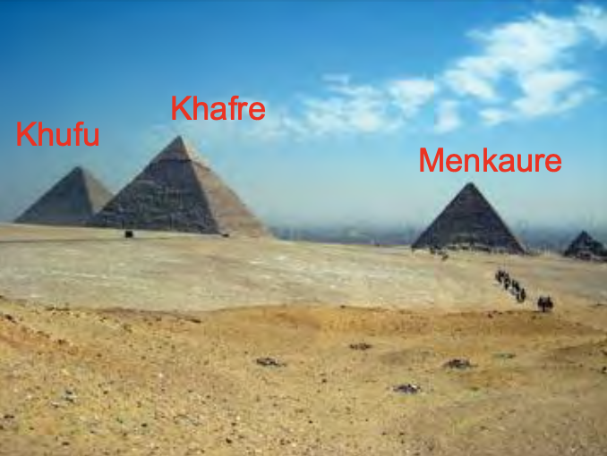 <p>Great Pyramids, Giza, Egypt, 2600- 2400 BCE, Old Kingdom Egypt</p>