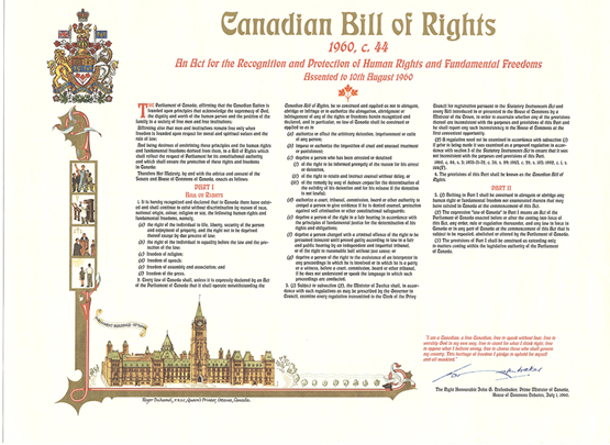 <ul><li><p>This was Canada's first federal law to protect human rights</p></li><li><p>It was enacted under Prime Minister&nbsp;John Diefenbaker</p></li><li><p>Attempt to amend the constitutional issues of the earlier decades</p></li><li><p>Flawed, but a good first step.</p></li></ul>