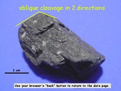 Dark Greek to Black
Streak: White
Luster: Vitreous
Hardness: 5 -6
Cleavage: 2 planes 56-124
Other Properties: None