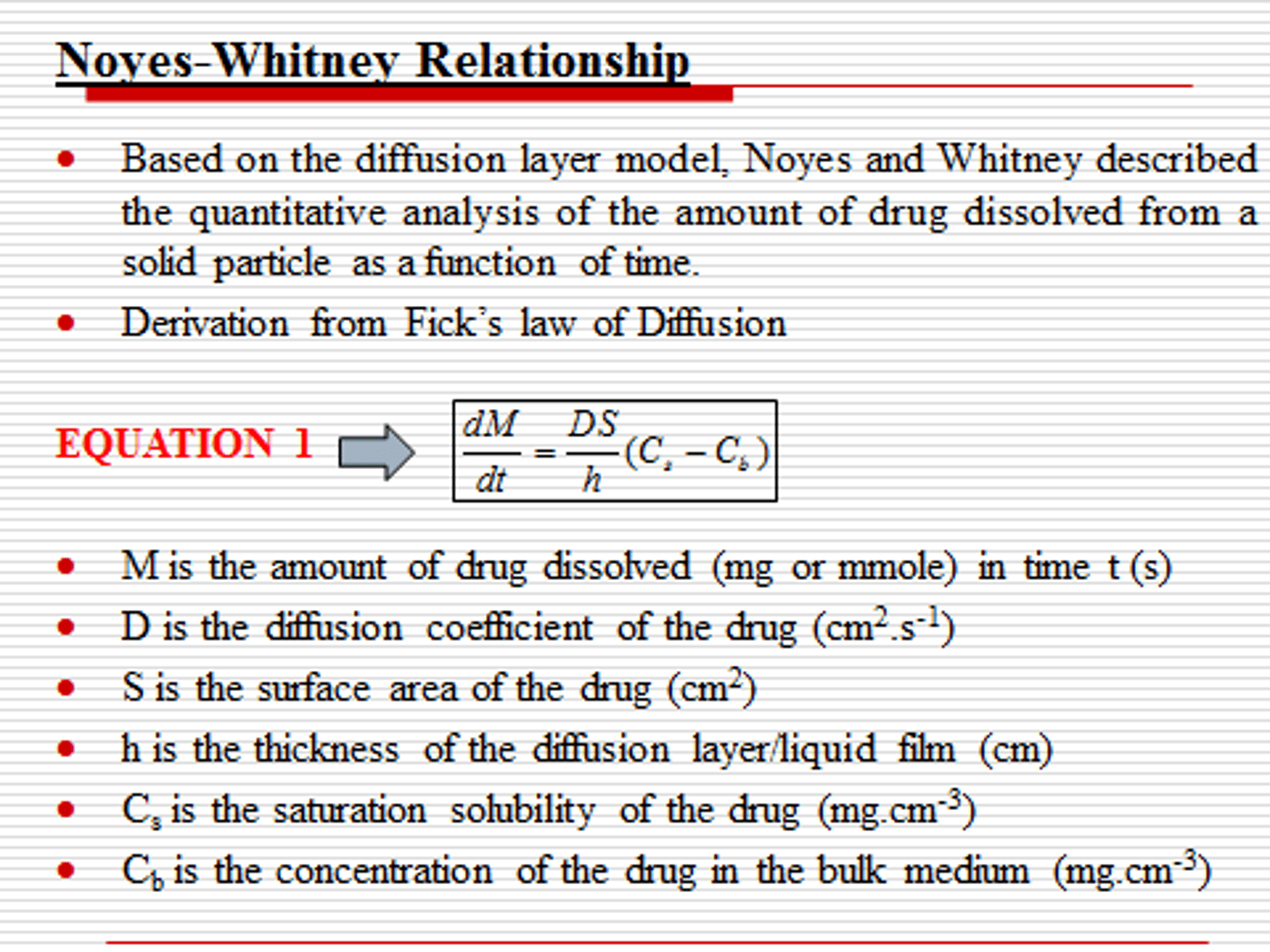 <p>dissolution (mass/time)= (DS/Vh)(Cs-C)</p><p>D= diffusion coefficient (cm2/sec)</p><p>S= SA (cm2)</p><p>V= solvent volume</p><p>h= thickness of stagnant layer (cm)</p><p>*remember thickness is in cm</p>