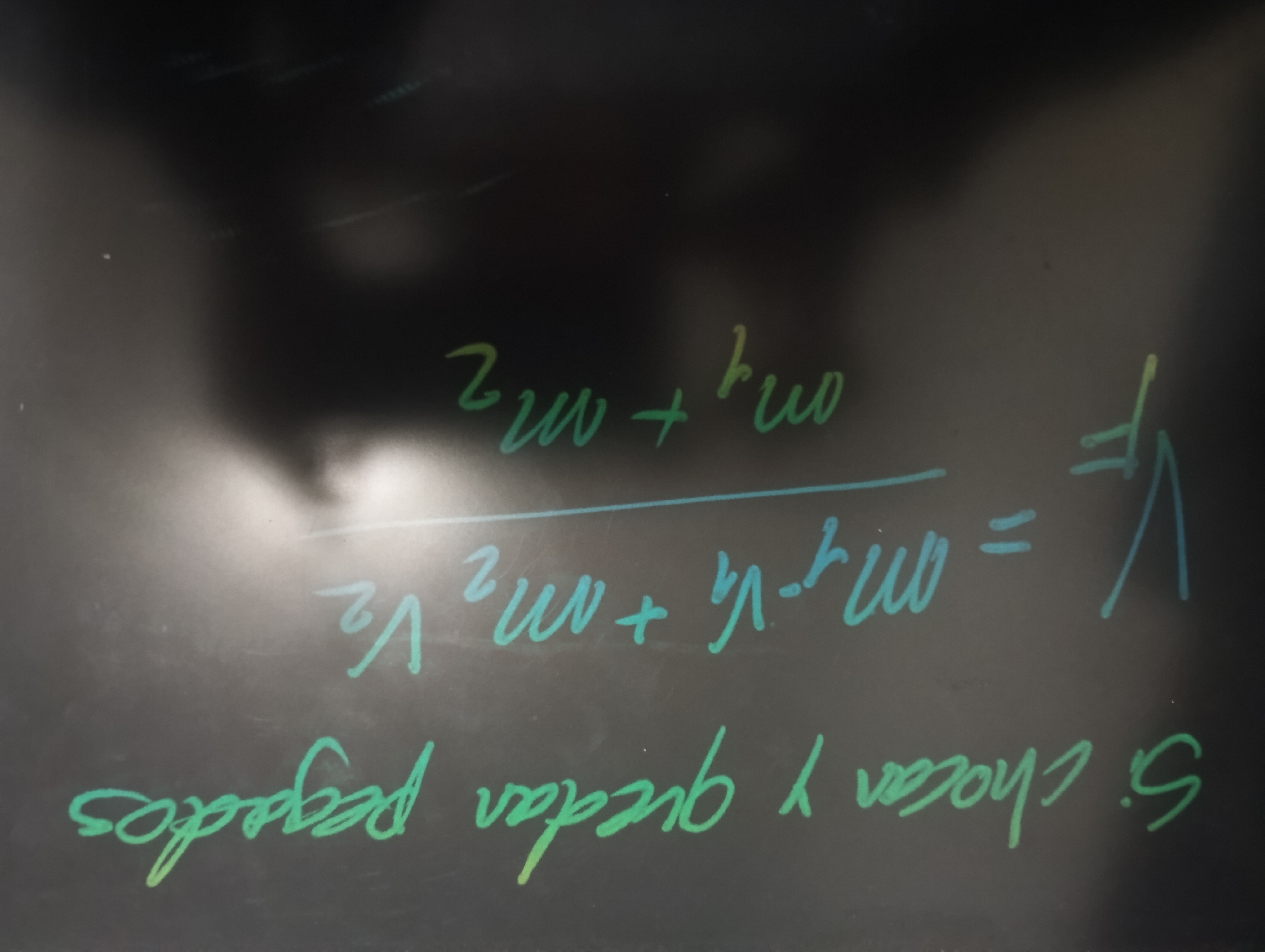 <p>Vf = mv1 + mv2</p><p class="has-focus"> ———————-</p><p class="has-focus"> M1 + m2</p>