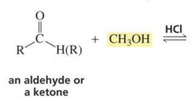 <p>What is formed with:</p><p>Aldehyde/ketone + alcohol + HCl</p>