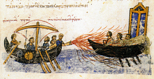 <p>An incendiary weapon developed c. 672 and used by the Eastern Roman (Byzantine) Empire. The Byzantines typically used it in naval battles to great effect, as it could continue burning while floating on water. It provided a technological advantage and was responsible for many key Byzantine military victories, most notably the salvation of Constantinople from two Arab sieges, thus securing the Empire&apos;s survival. The impression it made on the western European Crusaders was such that the name was applied to any sort of incendiary weapon, including those used by Arabs, the Chinese, and the Mongols. These, however, were different mixtures and not the Byzantine formula, which was a closely guarded state secret. Byzantine use of incendiary mixtures was distinguished by the use of pressurized nozzles to project the liquid onto the enemy. The exact composition is unknown to this day. It remains a matter of speculation and debate, with various proposals including combinations of pine resin, naphtha, quicklime, calcium phosphide, sulfur, or niter.</p>
