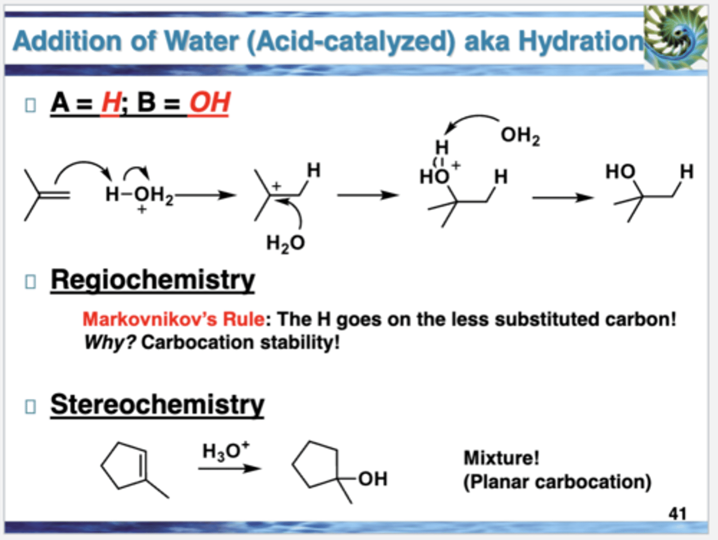 <p>also known as acid-catalyzed hydration of alkenes</p><p>reversible reaction, whether the alkene or the alcohol predominates at equilibrium depends on the reaction conditions</p><p>low temperatures and high concentrations of water favor the alcohol; higher temperatures and removal of water favors the alkene</p>