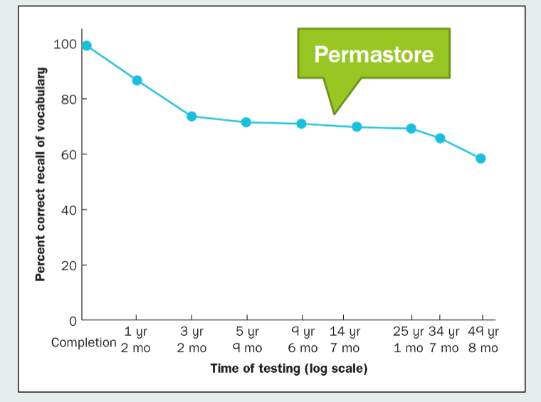 <ul><li><p>Gevonden door experiment naar hoeveel personen nog wisten van hun schoolvak Spaans</p></li><li><p>Zagen dat na een tijdje de informatie in verloren ging en het afvlakte </p></li></ul><p></p>