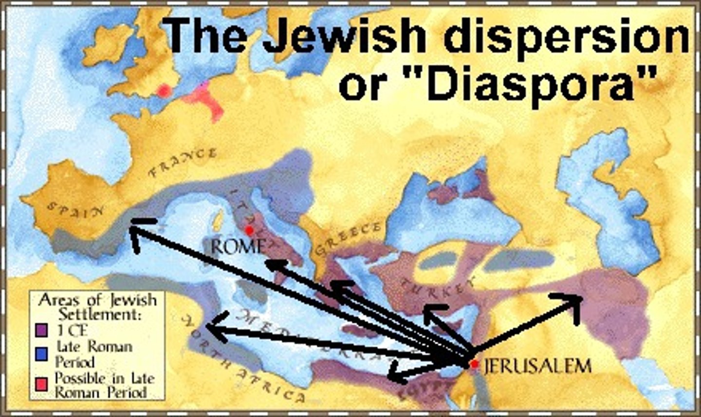 <p>any group migration or flight from a country or region; dispersion. Particularly used in relation to Jews scattered by Romans in 70 CE or to Africans spread to new places during the Atlantic Slave Trade.</p>