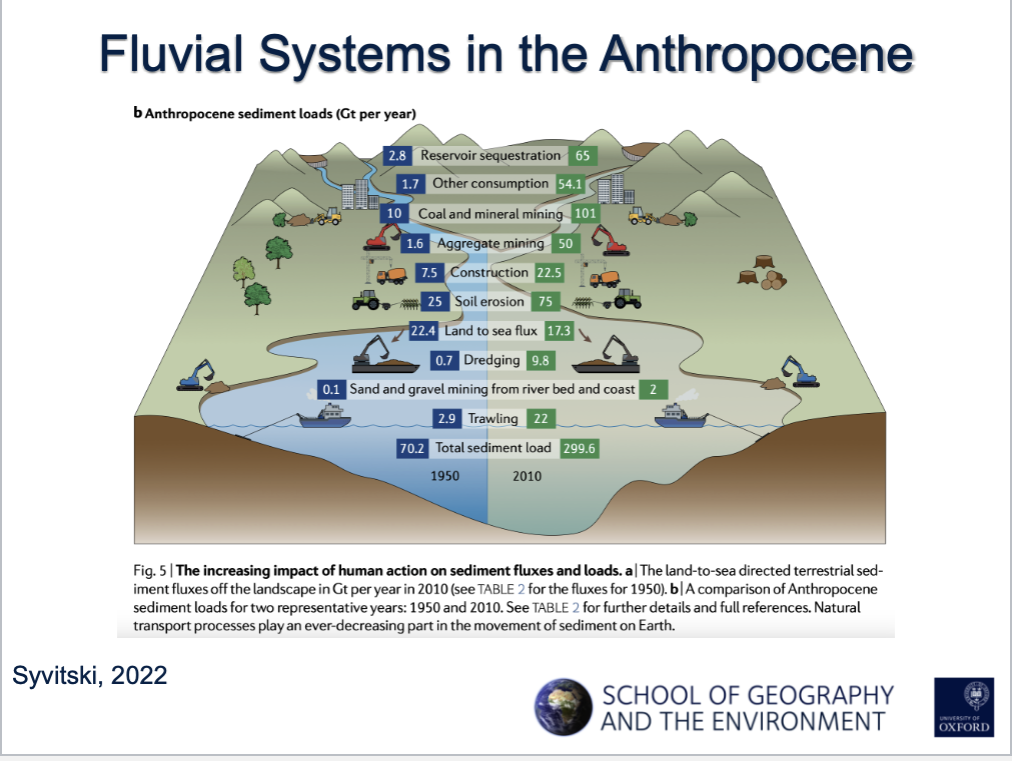<p>Human actions that have significant impacts on fluvial landscapes and environmental change. (Lane, 2007) </p><ul><li><p></p><img src="https://knowt-user-attachments.s3.amazonaws.com/33285877-7edb-40d9-9001-032d369ab62c.png" data-width="100%" data-align="center"></li></ul><p></p>