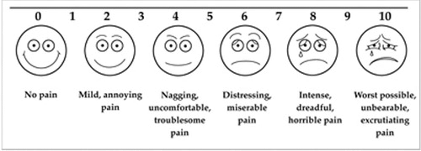 <p>◻ 0 - 10 scale presented with descriptors</p><p>◻ Sometimes presented with "emoticons"</p><p>◻ Clients tend to prefer NRS, but useful for:</p><p>----Difficulty with abstract quantification of pain</p><p>---Pediatric clients</p>