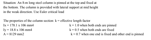 <p>What is the critical effective slenderness ratio of the column?</p><p>A. 38</p><p>B. 83</p><p>C. 54</p><p>D. 58</p><p>Calculate the critical load Pc in kN?</p><p>A. 11210</p><p>B. 4733</p><p>C. 5493</p><p>D. 2319</p><p>Determine the minimum length of the column for which the Euler’s formula is valid if the proportional limit of the steel used is 320 MPa.</p><p>A. 11.70</p><p>B. 7.60</p><p>C. 3.80</p><p>D. 10.80</p>