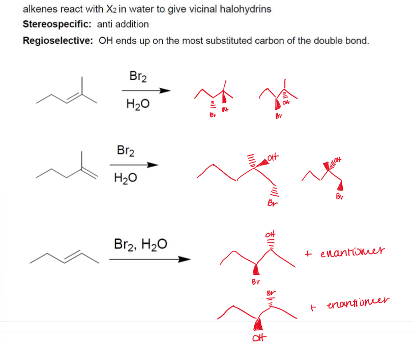 <p>Stereospecific, <strong>-anti</strong> addition; Regioselective: <strong>—OH</strong> ends up on the <strong>most substituted</strong> C of the double bond. </p>