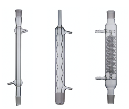 <ul><li><p>The key component to a reflux apparatus</p></li><li><p>it has a hollow inner layer where cold water passes through to cool the inner surface </p></li><li><p>acts to cool and condense liquid so solvent doesn’t boil away </p></li></ul>