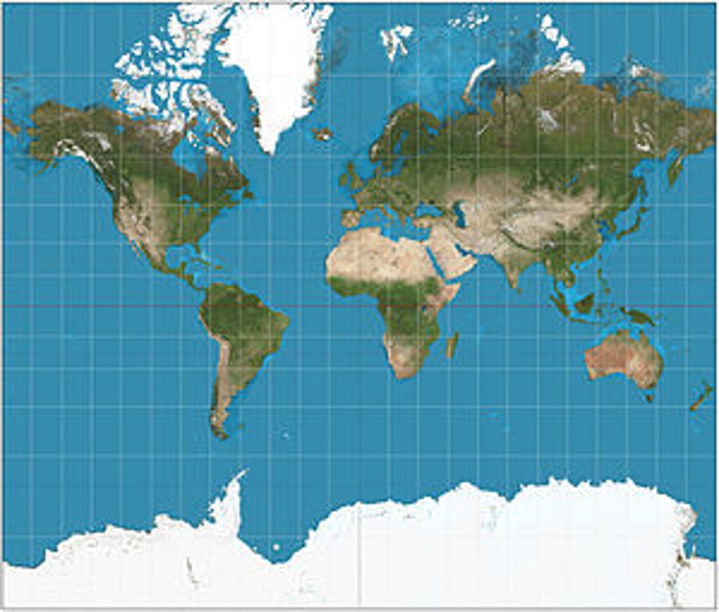 <p>Shape is distorted very little, direction is consistent, and the map is rectangular. However, relative size is grossly distorted toward the poles, making high-latitude places such as Antarctica look much larger than they actually are.</p>