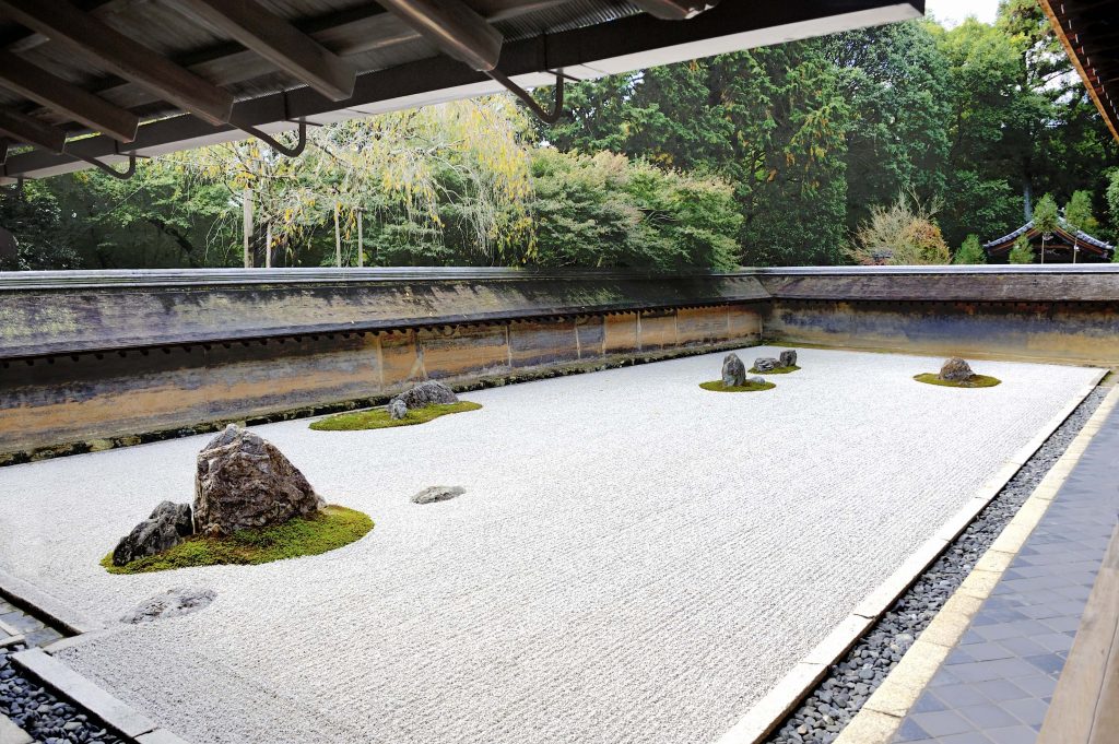 <ul><li><p>sand zen garden part of budist religion</p></li><li><p>located in Japan</p></li><li><p>medatative</p></li></ul><p></p>