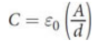 <p>where ε0 is the permittivity of free space A is the area of overlap of the two plates, and d is the separation of the two plates</p>