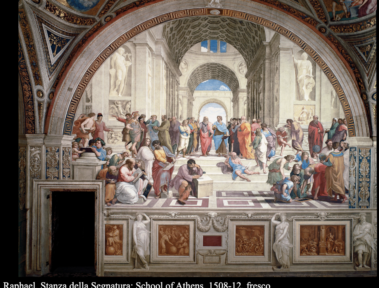 <p>Fresco, Rome</p><p>- Uses one-point linear perspective</p><p>- Positioned below the horizon line to depict the earthly realm, no holy figures</p><p>- Foreground, midground, and background separated by stairs</p><p>- Euclid in right foreground, Pythagoras opposite</p><p>- Emphasizes importance of mathematics in art, depicted by Raphael's presence amongst them</p><p>- Philosophers centered, elevated both literally and figuratively</p><p>- Plato points upward (importance of ideas), Aristotle gestures to ground (understanding through nature)</p><p>- Reflects ancient Greek and Roman architecture</p><p>- Features illusionistic statues of Apollo and Minerva/Athena</p><p>- Heraclitus in bottom middle, representing Michelangelo, added later</p>