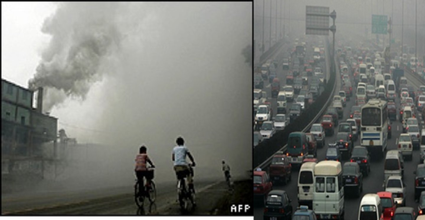<p>Carbon dioxide released into the atmosphere by vehicles and industry</p>