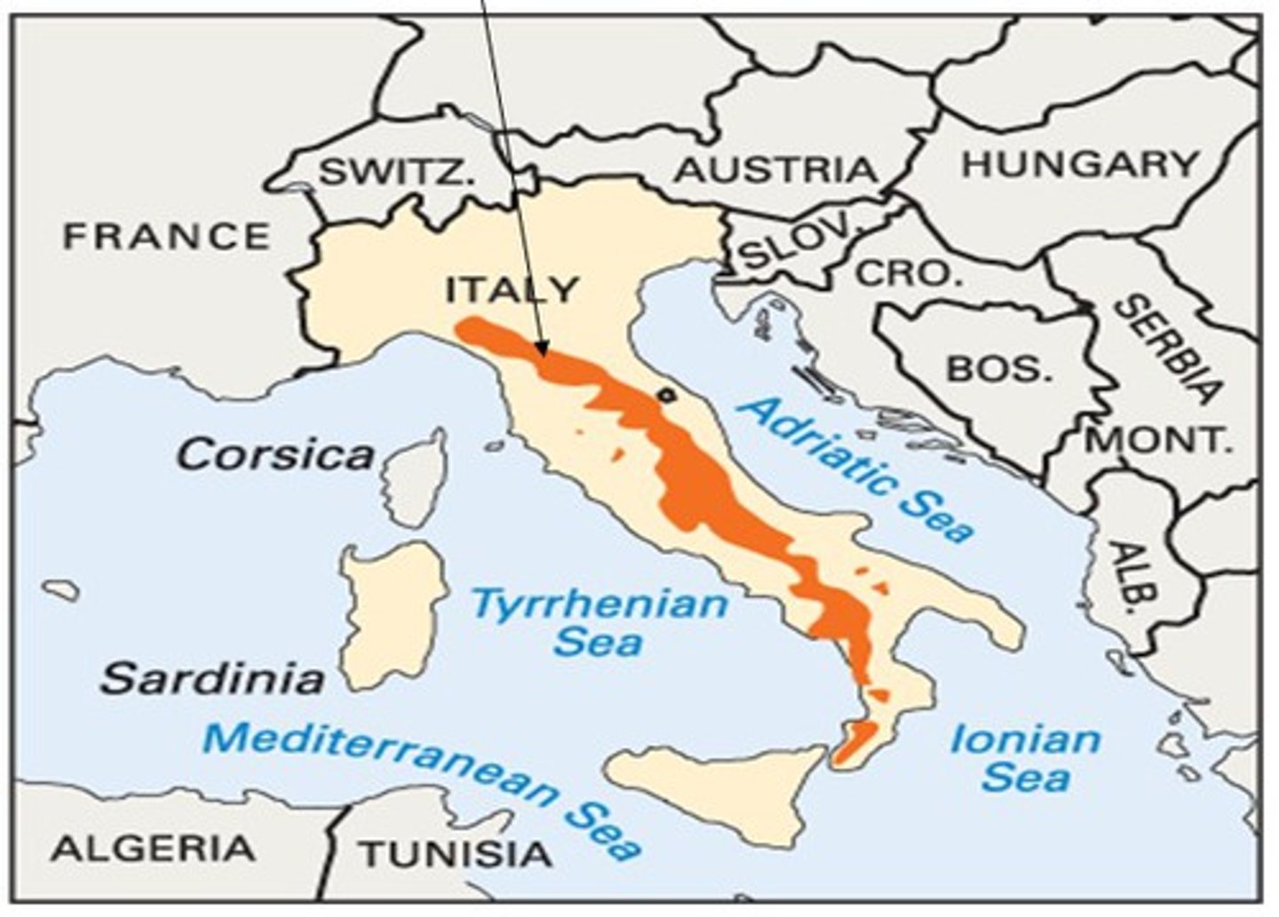 <p>Mountain range running through central Italy. They run North-South.</p>