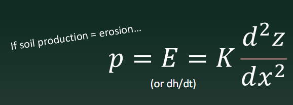 <p>Erosion rate = (Diffusivity)(Curvature)</p><p><strong>Used to model hillslopes with majority diffusive processes</strong></p>