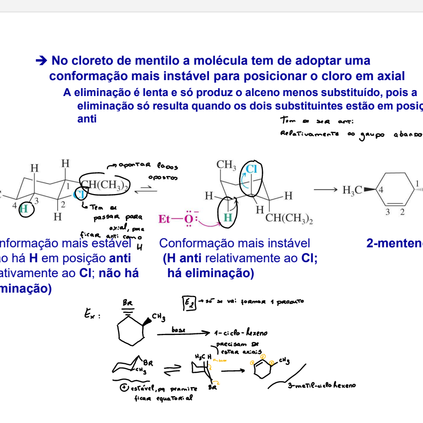 <p>Porque necessita de colocar o Cl em posição axial. A eliminação é lenta e só produz o alceno menos substituído, pois a eliminação só resulta quando dois substituintes estão em posição anti. Tem de ser anti relativamente ao grupo abandonante </p>