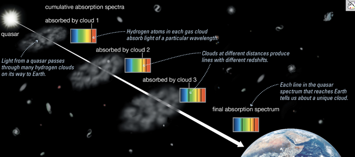 <p><span style="background-color: transparent;"><span>Accretion disk (material surrounding the BH) that gives us luminosity or smth</span></span></p><p><span style="background-color: transparent;"><span>We can’t exactly measure the IGM, but we can use quasars to do so</span></span></p><p><span style="background-color: transparent;"><span>There’s gas between quasars and earth, so these intergalactic gas clouds absorb this light</span></span></p><p><span style="background-color: transparent;"><span>When you take a spectrum from the earth of the quasar, you get the hydrogen absorption lines from the clouds between you and the quasar. Look for additional hydrogen absorption lines that didn’t come from the quasar itself.</span></span></p><ul><li><p><span style="background-color: transparent;"><span>We can learn about protogalactic clouds by studying the </span><strong><span>absorption lines </span></strong><span>they produce in quasar spectra (the intergalactic gas clouds absorb the quasar emission)</span></span></p></li><li><p><span style="background-color: transparent;"><span>More importantly for quasar spectra, we see these hydrogen lines at different redshifts for gas clouds at different distances. The reason is </span><strong><span>cosmological redshift</span></strong><span>, which means that light from more distant clouds in our expanding universe is more highly redshifted.</span></span></p><ul><li><p><span style="background-color: transparent;"><span>Intergalactic medium/gas clouds between us and quasar, the ones further away are more pristine, and the ones closer have more than just basic ‘ol H and He, and now it has more metals.</span></span></p></li></ul></li></ul><p>By detecting <em>absorption lines</em> in the quasar's spectrum, where each specific line's wavelength and redshift reveal the chemical composition and distance of a particular gas cloud along the line of sight</p>