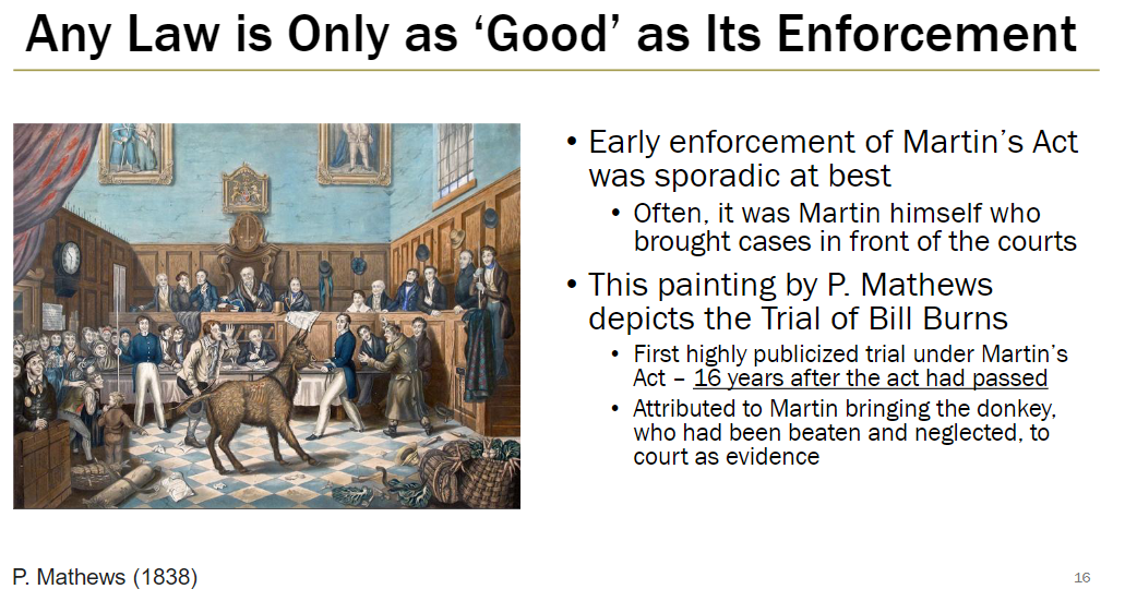 <p><strong>Early Enforcement</strong><br> Enforcement of Martin’s Act was sporadic<br> Often Martin himself brought cases to court</p><p><strong>Trial of Bill Burns</strong><br> Depicted in painting by P. Mathews (1838)<br> First highly publicized trial under Martin’s Act, 16 years after it passed<br> Martin brought a beaten and neglected donkey to court as evidence</p>
