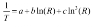 <p>where a and c are Steinhart parameters</p><p>R is resistance</p><p>T is temperature (K)</p>