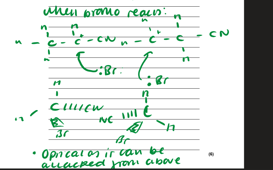 <p>-First stage of the mechanism drawn out(H-Br to the organic molecule):</p><ul><li><p>Produces <strong>two secondary carbocation intermediates</strong></p></li></ul><p>-Second stage of the mechanism drawn out(finish the mechanism)</p><ul><li><p>So two different optical isomers created as can be attacked from above or below</p></li></ul><p>-Draw the planar structure of the carbocation and show it being attacked from above and below</p><p></p>