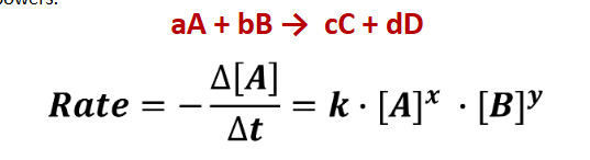 <ul><li><p>Based solely on <strong>Experimental Data</strong></p></li><li><p>x and y are coefficients</p></li><li><p>k is the rate constant</p></li></ul><p></p>
