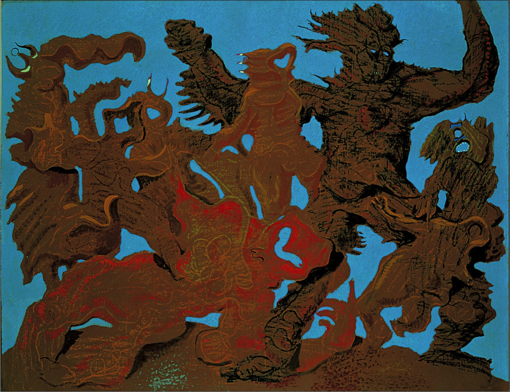 <p>One of Max Ernst many pieces he made with the technique of grottage; where he put a painted surface on top of a texture surface and then scrapped away the paint to reveal an image. This one depiction a group of figures trudging along a landscape with a very dark and harrowing feel to it.</p>
