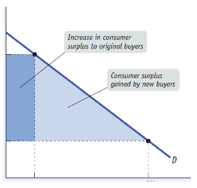 <p>the difference between the willingness to pay and the price payed </p><ul><li><p>sum of individual surpluses=total consumer surplus </p></li><li><p>usually consumers pay less than their willingness to pay </p><p>price effects </p></li></ul><p></p>