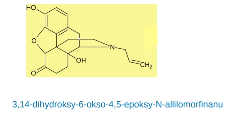 <p>opioid, półsyntetyczna pochodna epoksymorfinanu stosowana jako antidota</p><p class="has-focus">Czysty antagonista receptorów opioidowych głównie w stosunku do µ (85 %), κ (9 %), δ (6 %). <br>nosi ośrodkowe i obwodowe działanie opioidów </p><p class="has-focus is-empty">całkowite lub częściowe odwracanie hamującego wpływu na ośrodkowy </p><p class="has-focus is-empty">układ nerwowy, szczególnie depresji oddechowej wywołanej opiatami naturalnymi </p><p class="has-focus is-empty">lub syntetycznymi oraz opiatami o mieszanym wpływie agonistyczno-antagonistycznym.</p>