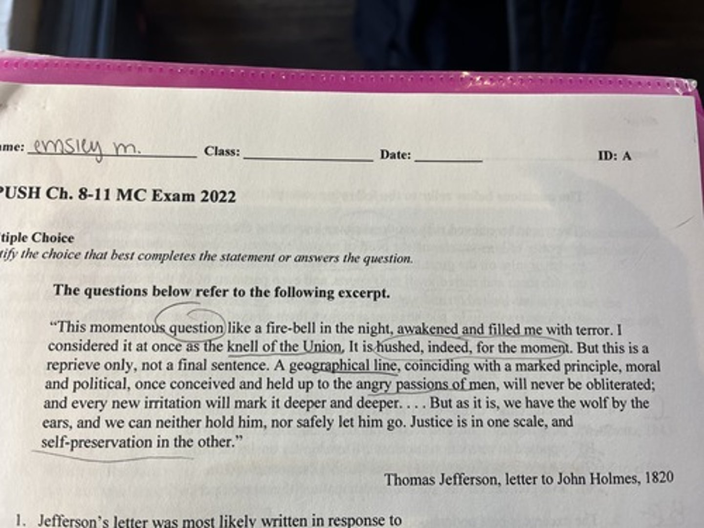 <p>The concerns expressed by Jefferson in the letter are best understood as a response to</p>