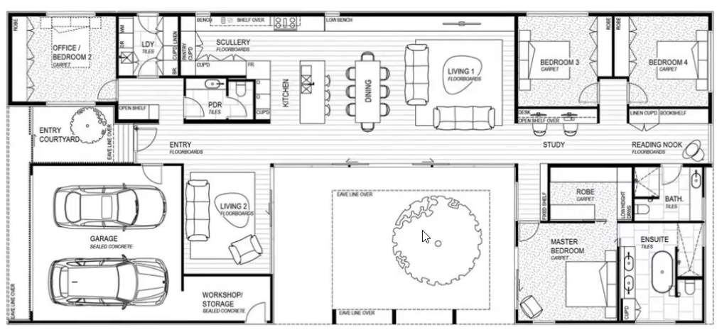 <ul><li><p>shows furniture</p></li><li><p>Cutting plane is typically at 4'-0" above the finished floor</p><ul><li><p>anything above 4 feet doesnt get pictured in the floor plan</p></li></ul></li></ul><p></p>