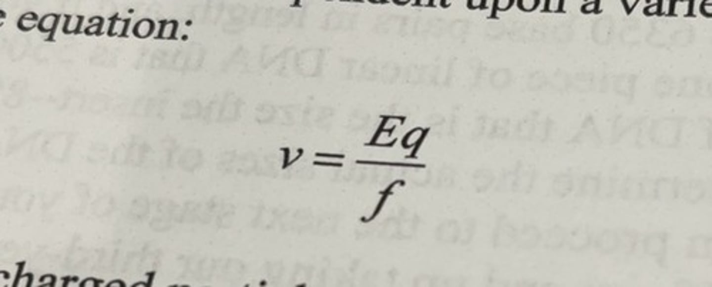 <p>v = velocity of the charged particle</p><p>E = strength of the electric field to which the charged molecule is exposed</p><p>q = net charge on the particle</p><p>f = frictional coefficient of the particle as it moves through the solution.</p>