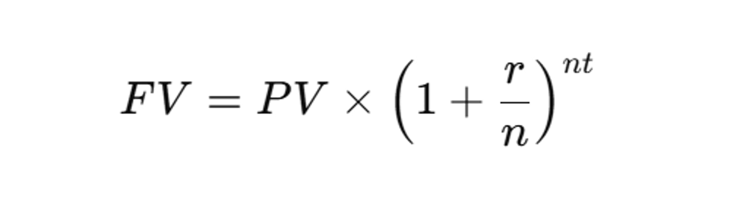 <p>C (PV = $3,500</p><p>r = 5% = 0.05</p><p>n = 4 (quarterly compounding)</p><p>t = 7 years</p><p>FV = $3,500 (1 + 0.05/4)^(47) ) = $4,956 )</p>