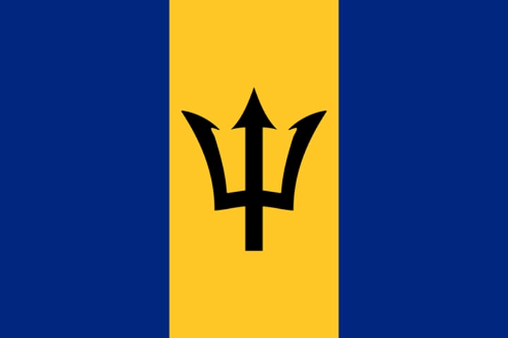<p>Two bands of ultramarine = the ocean surrounding the country and the sky. </p><p>Golden middle band = the sand. </p><p>A black trident head/the broken trident = taken from the country’s colonial badge, where the trident of Poseidon is shown with Britannia holding it. The broken lower part symbolizes a symbolic break from its status as a colony.</p><p>The three points of the trident = the three principles of democracy: government of the people, government for the people, and government by the people.</p>