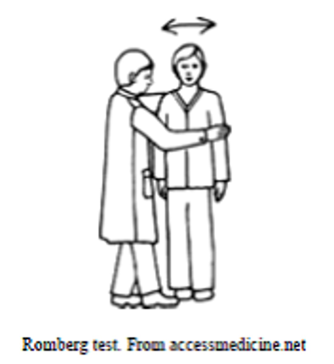 <p>Normal - patient should not fall or increase sway for 30 seconds.</p><p>Abnormal - patient has an increase in sway, stagger.</p>