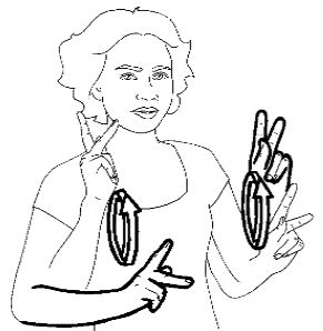 <p>With both hands signing &quot;K,&quot; move them in alternating circles in front of your chest</p>