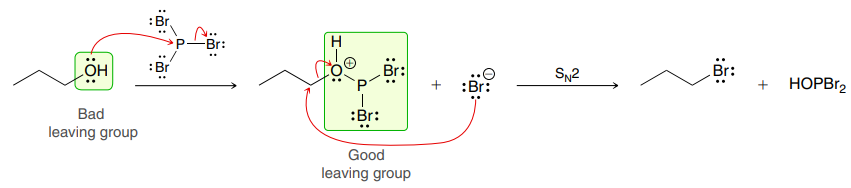 <p>Primary and secondary alcohols can react with PBr3 via an SN2 process, replacing the hydroxyl group with a bromine, and resulting in an inversion of configuration</p>