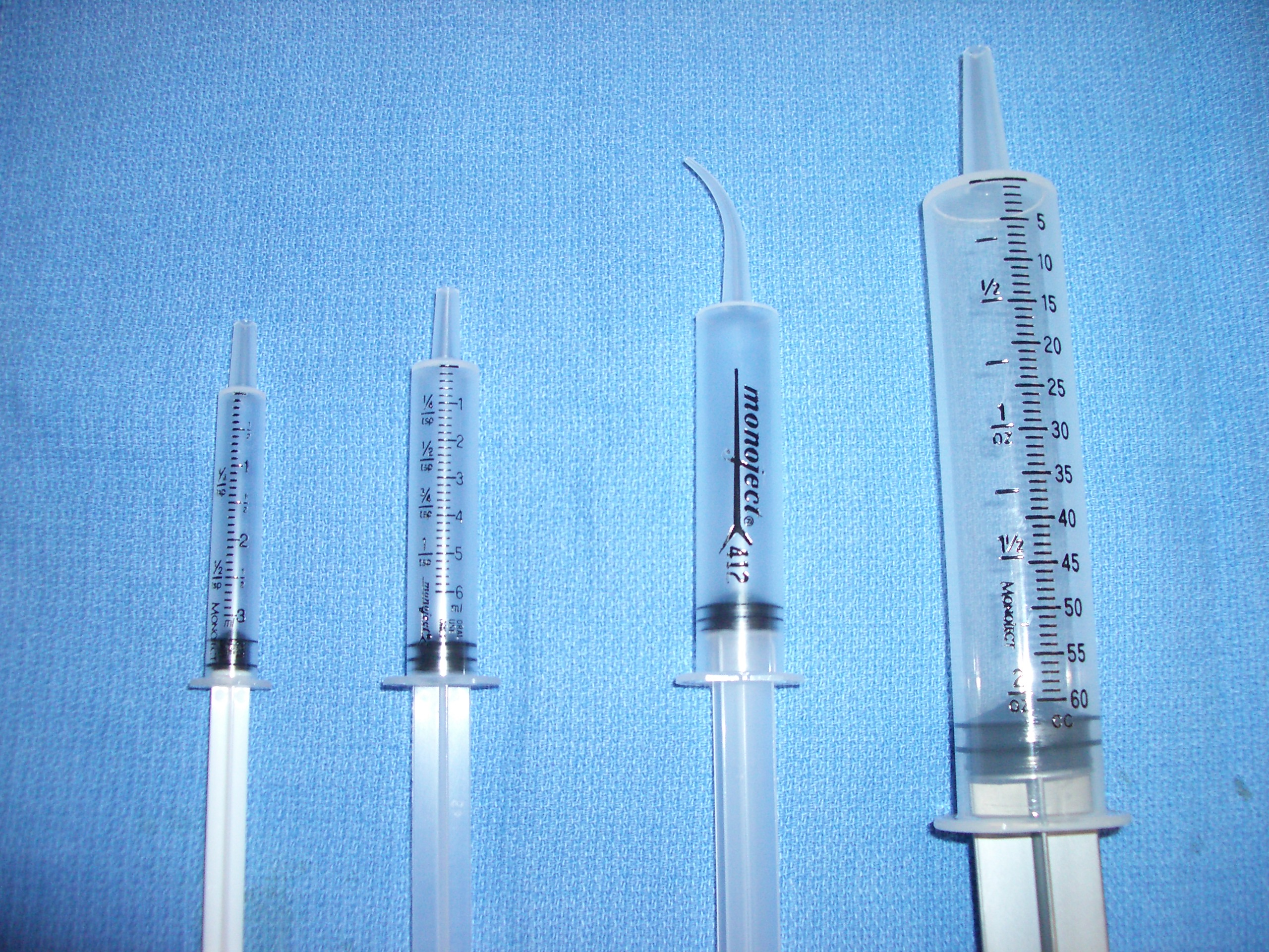 <ul><li><p>1st (left): 3cc</p></li><li><p>2nd: 6cc</p></li><li><p>3rd: curved tip</p></li><li><p>4th: 60cc</p></li></ul><p></p>