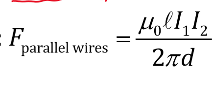 <p>I1 is the current of one wire. I2 is the current of the second wire. </p><p>d is the distance between the two wires </p>