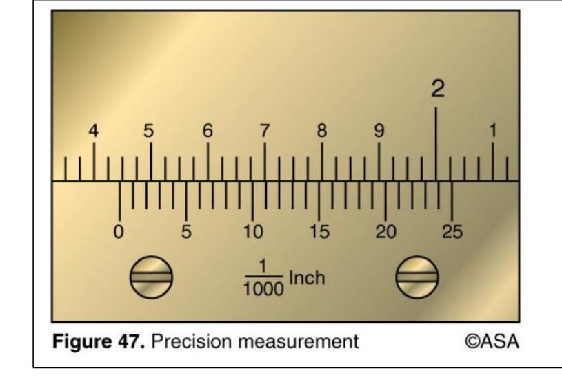 <p>(Refer to Figure 47.) What is the measurement reading on the vernier caliper scale?</p>
