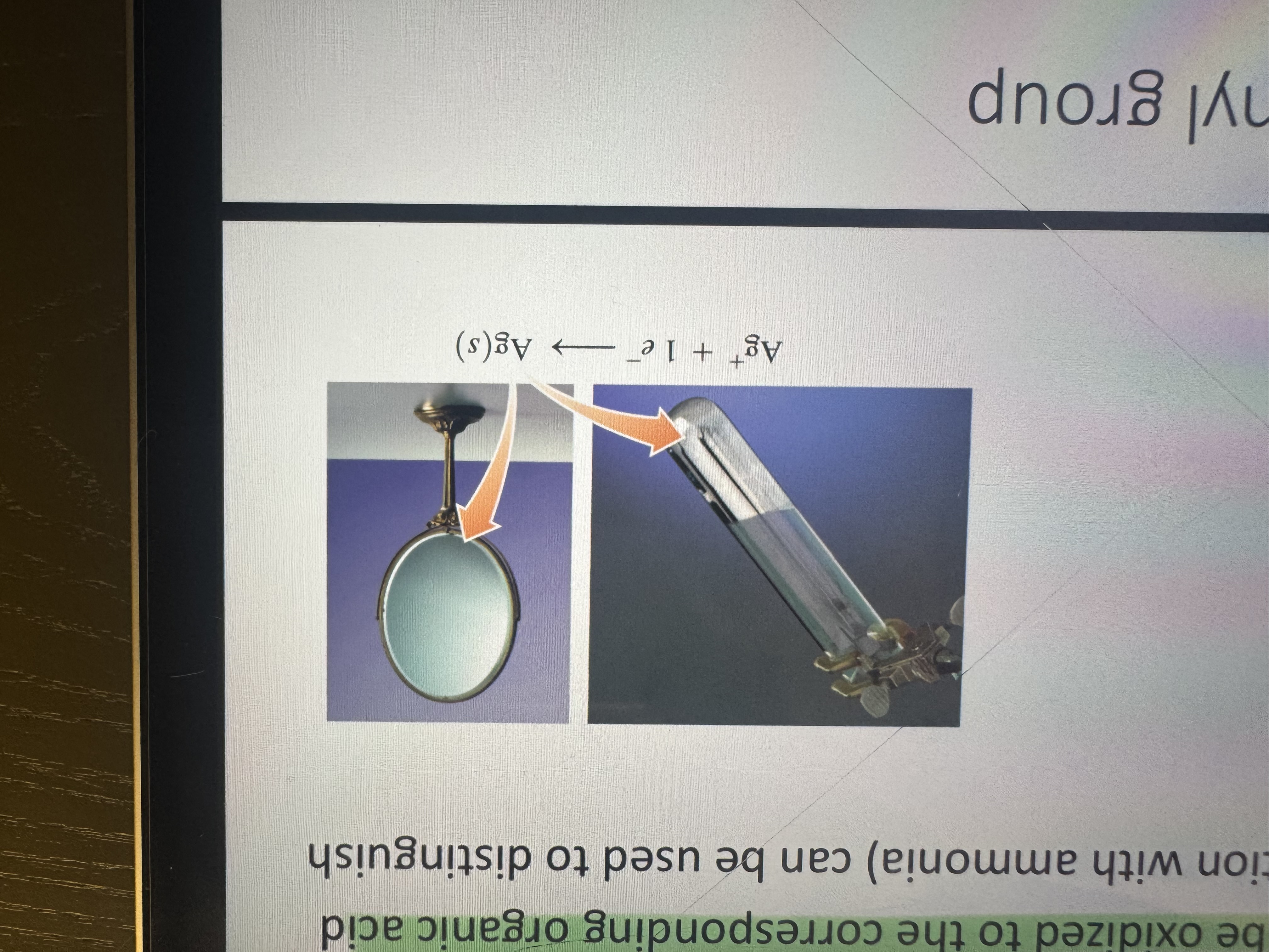 <p>tollens’ reagent (Ag+ ions in solution with ammonia)</p>