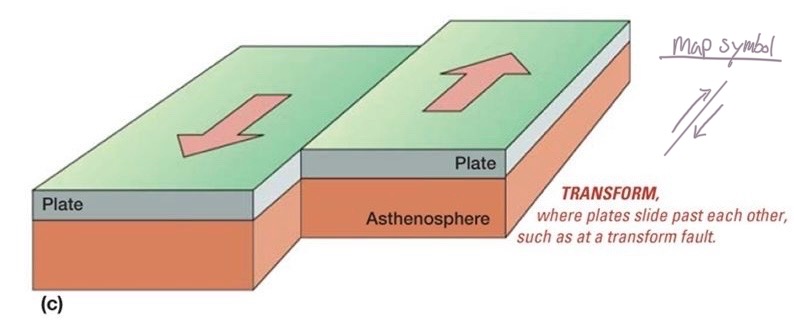 <ul><li><p>San Andreas fault, etc</p></li><li><p>Oceanic transform faults</p></li></ul><p></p>